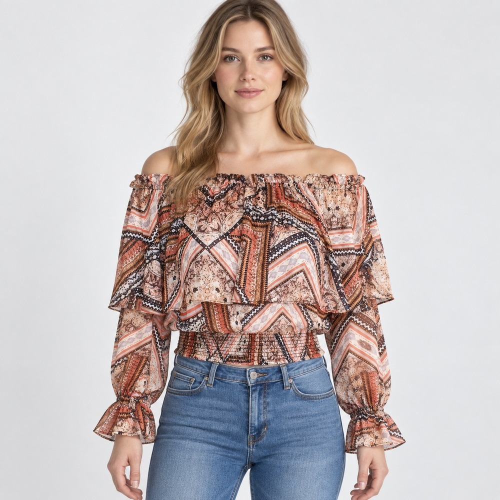 NEW Shyanne Women M Off Shoulder Chiffon Blouse Western Boho Southwestern Ruffle